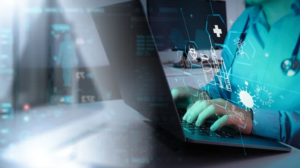 Graphical representation doctor on a laptop needing Managed IT Solutions from The Nu-Age Group.