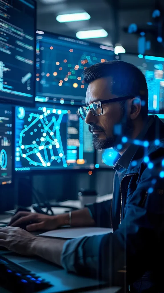 man in front of multiple terminals working on an implemntation strategy.