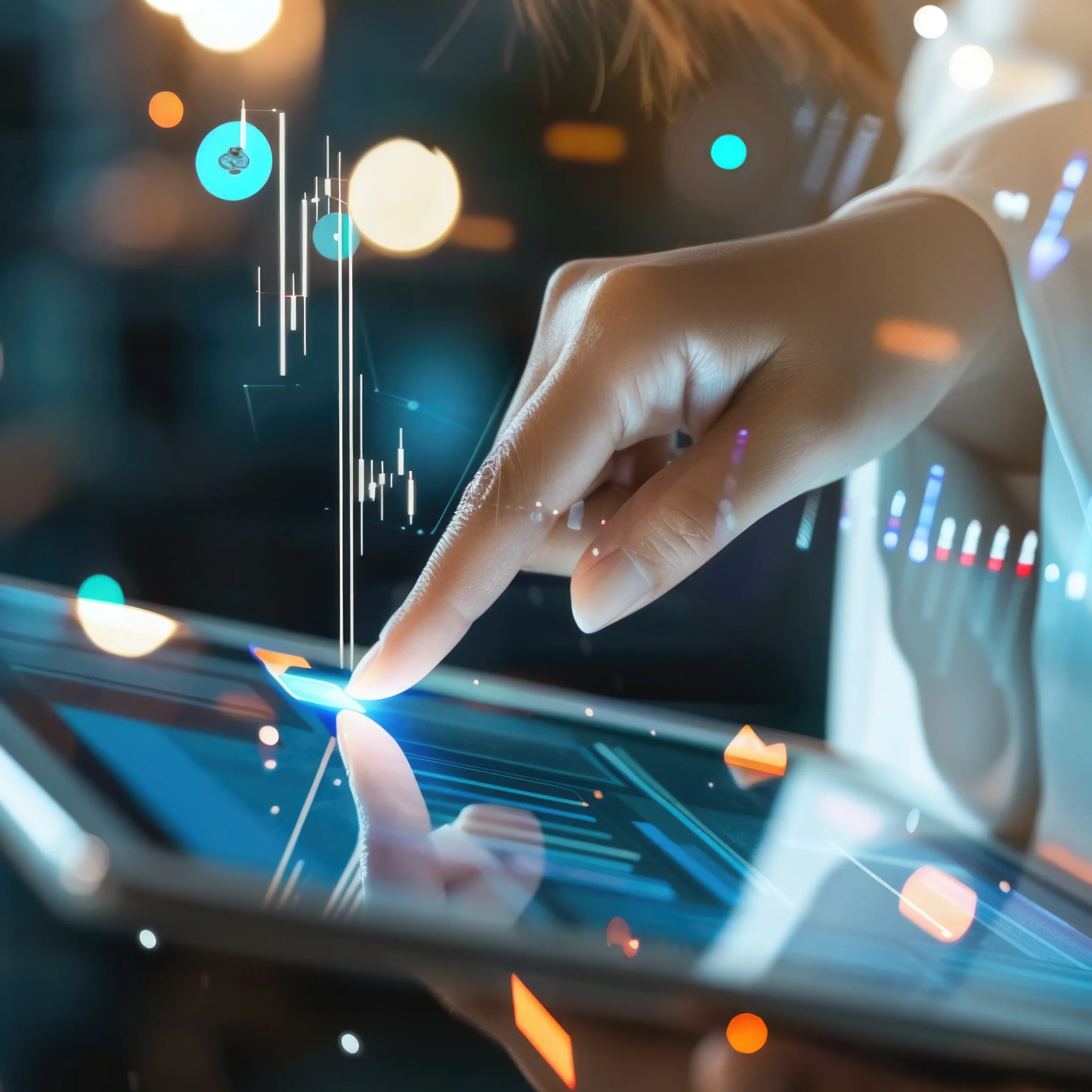 Woman pointing out an investment on a tablet.