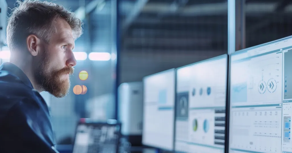 Man sitting in a NOC staring at multiple screens
