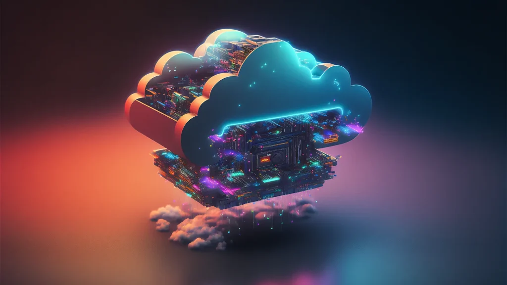 Digital illustration of a glowing cloud server made of circuit boards and data streams, symbolizing cloud infrastructure and resilience during an AWS outage.