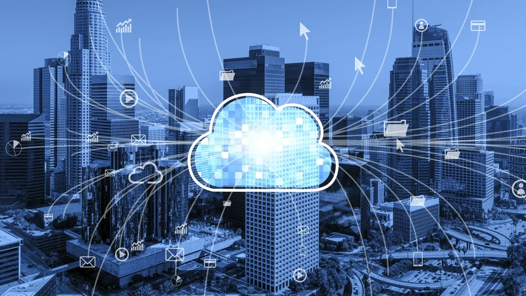 Digital cloud network overlaying a modern city skyline, representing data connectivity, cloud infrastructure, and the risks of public cloud dependence.