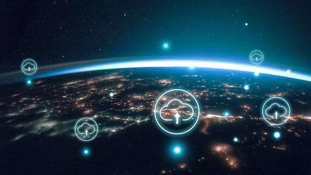 Global view of cloud computing connections across Earth at night, symbolizing worldwide reliance on AWS and the importance of private cloud resilience.