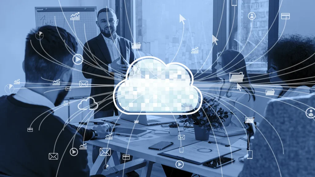 Business team in a meeting discussing cloud infrastructure strategy, with digital network icons illustrating data connections and private cloud management.
