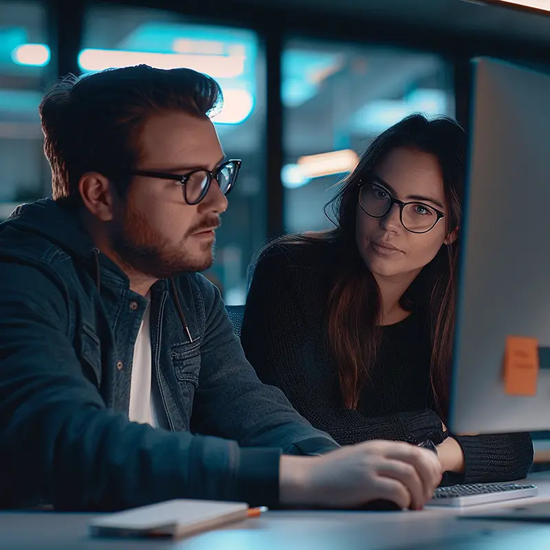 Strategic IT planning by The Nu-Age Group. discussing plans in front of a monitor