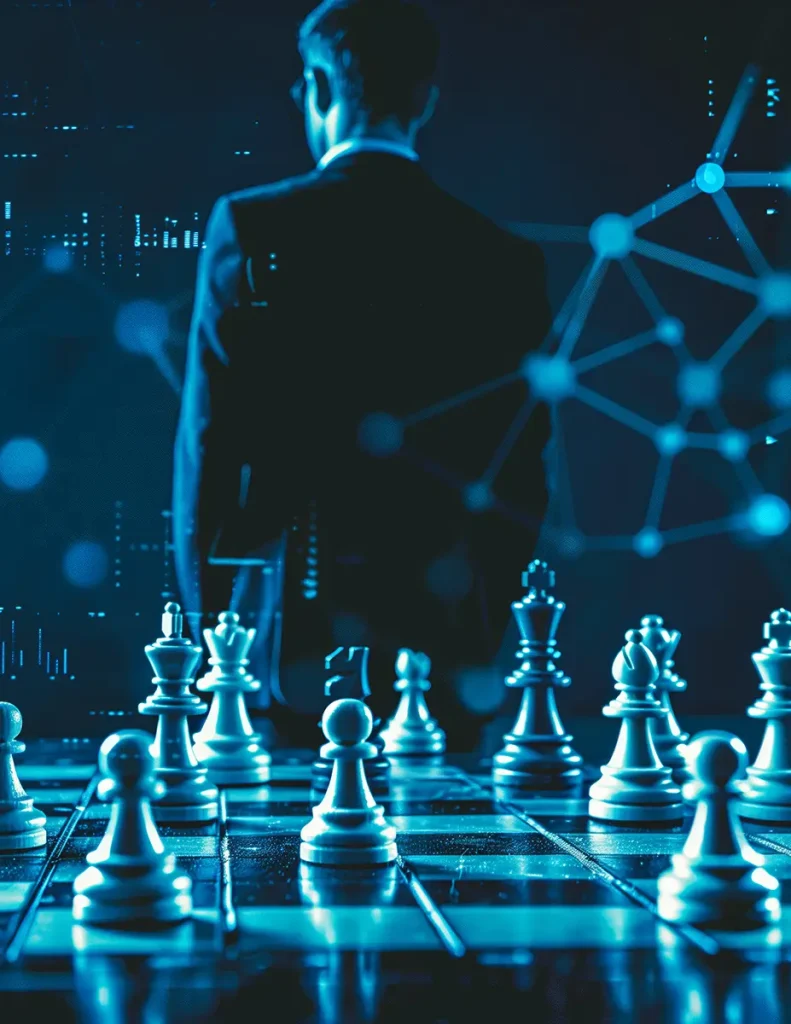 A chess board in the foreground and our Virtual CIO analyzing data in the background