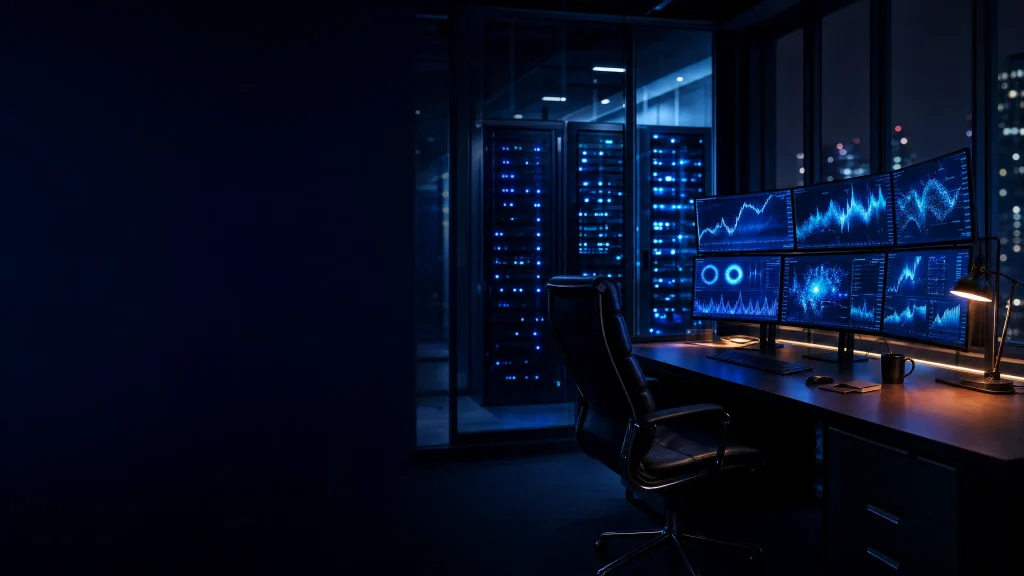 Managed IT operations office for a CLO hedge fund with portfolio monitoring displays and server racks