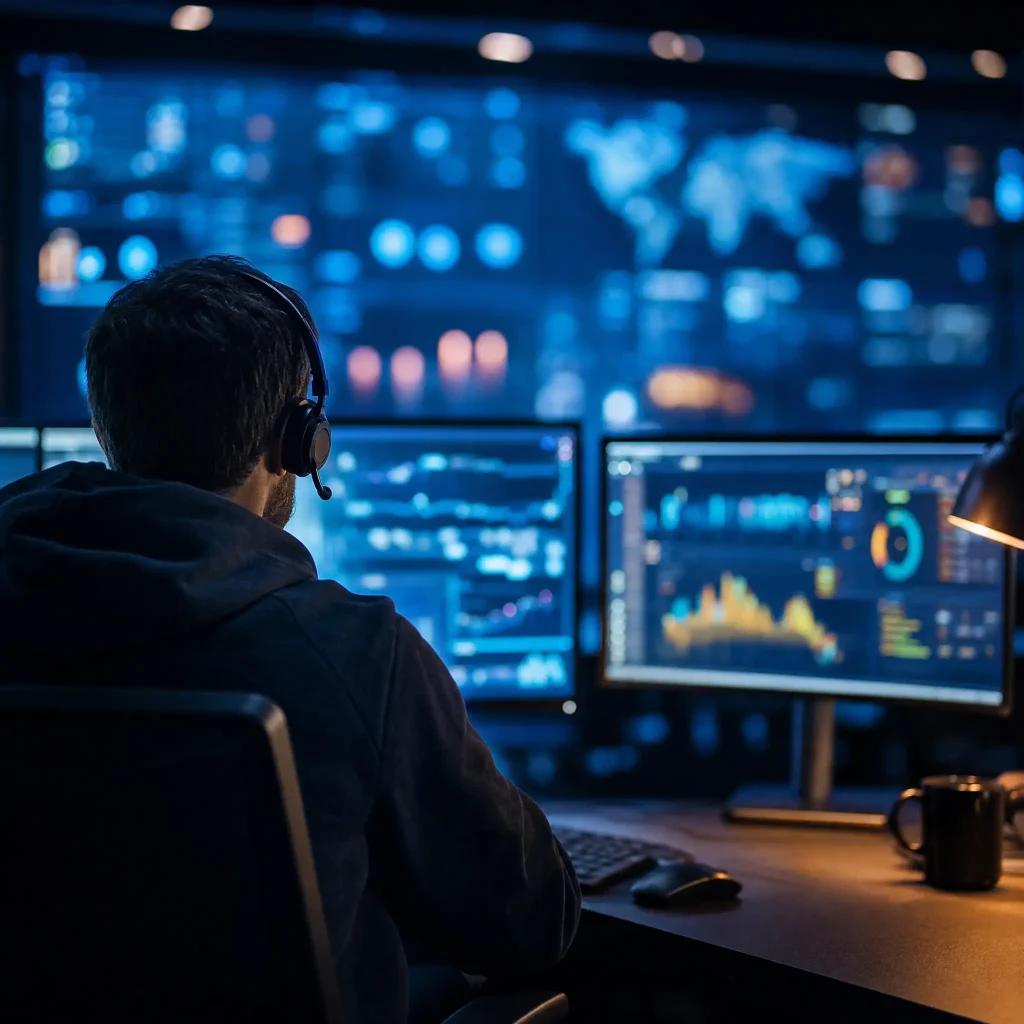 Network operations center engineer monitoring hedge fund systems