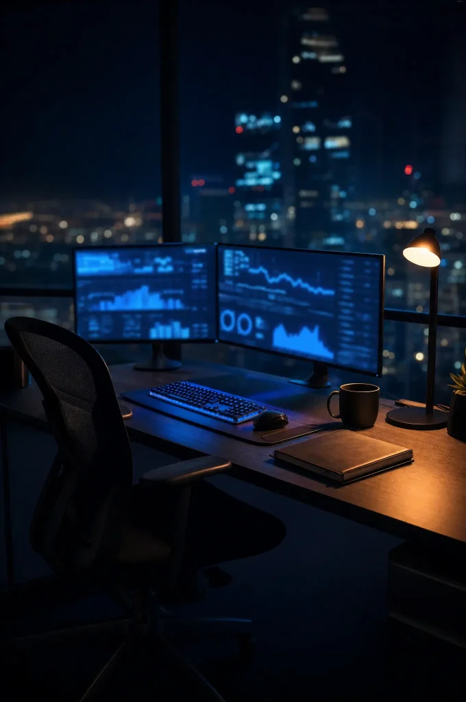 Dual-monitor IT support workstation with portfolio dashboards overlooking the city at night