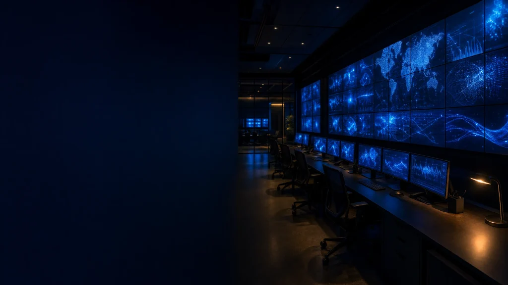 Security operations center with global threat monitoring wall for alternative investment firms