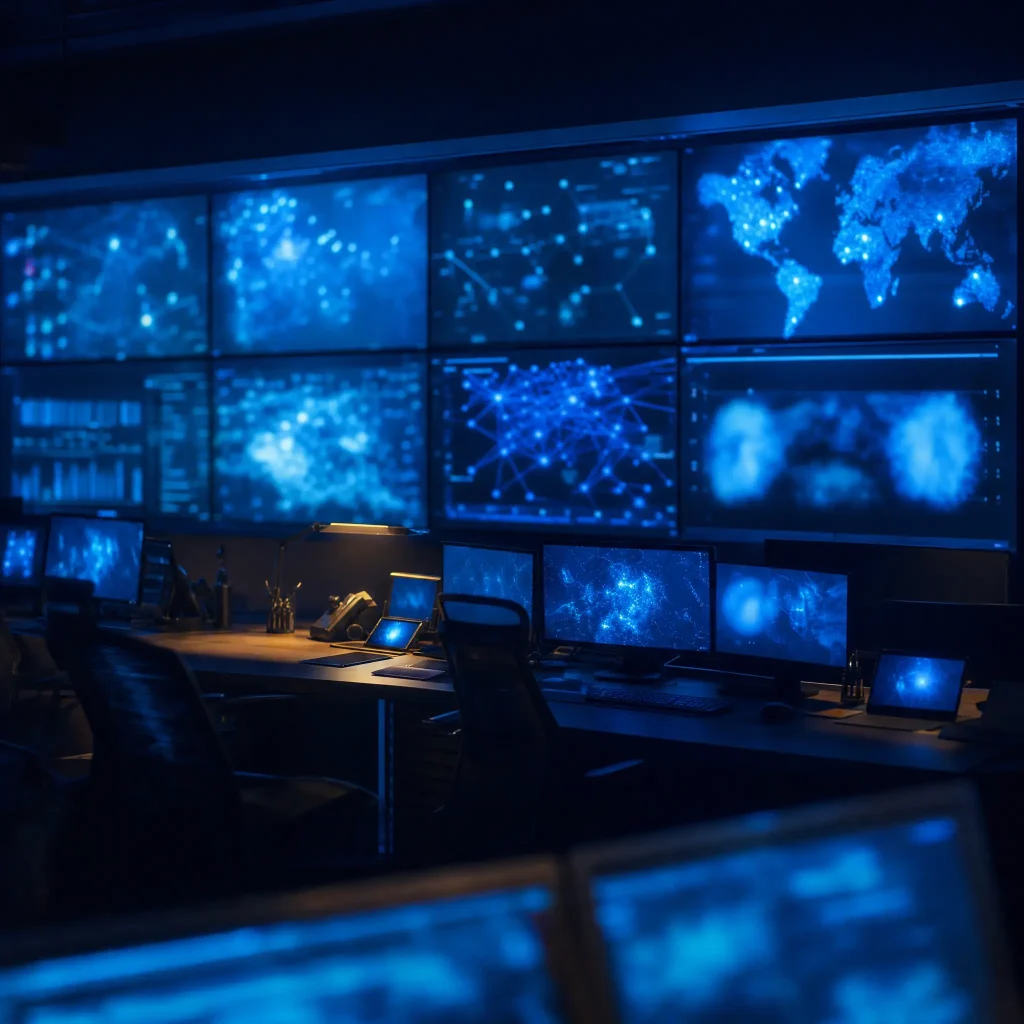 24x7 security monitoring wall with threat intelligence displays