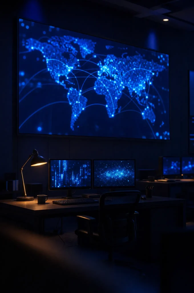 Global cyber threat map display in a hedge fund security operations room