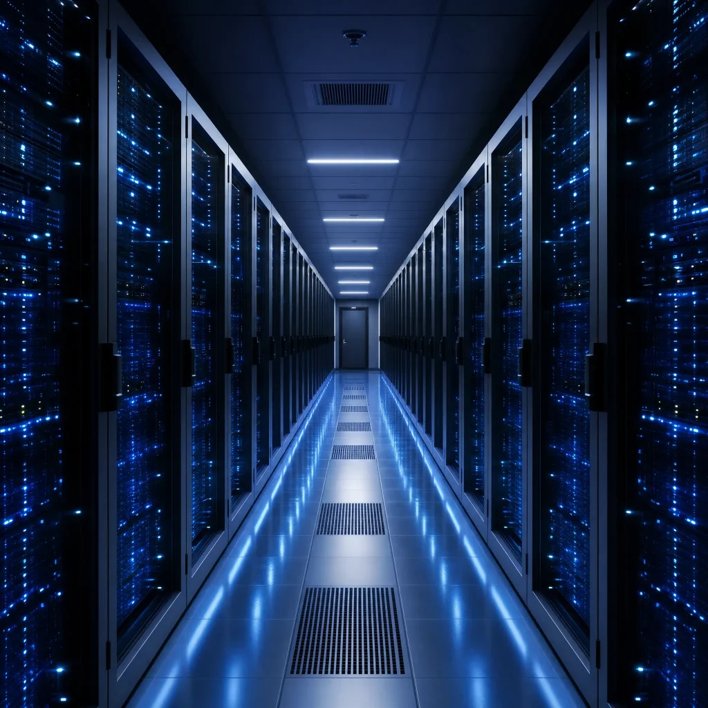 Private cloud data center cold aisle with redundant server infrastructure