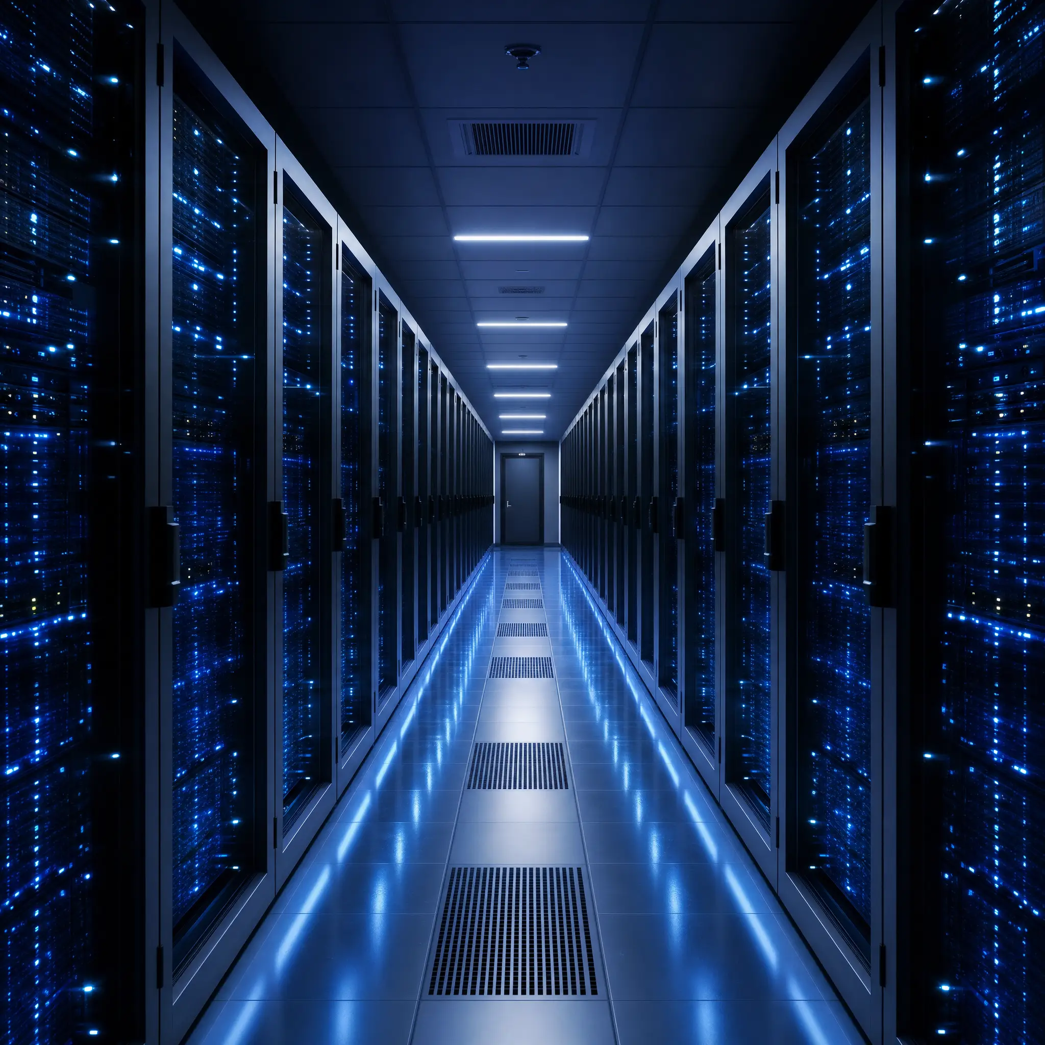 Private cloud data center cold aisle with redundant server infrastructure