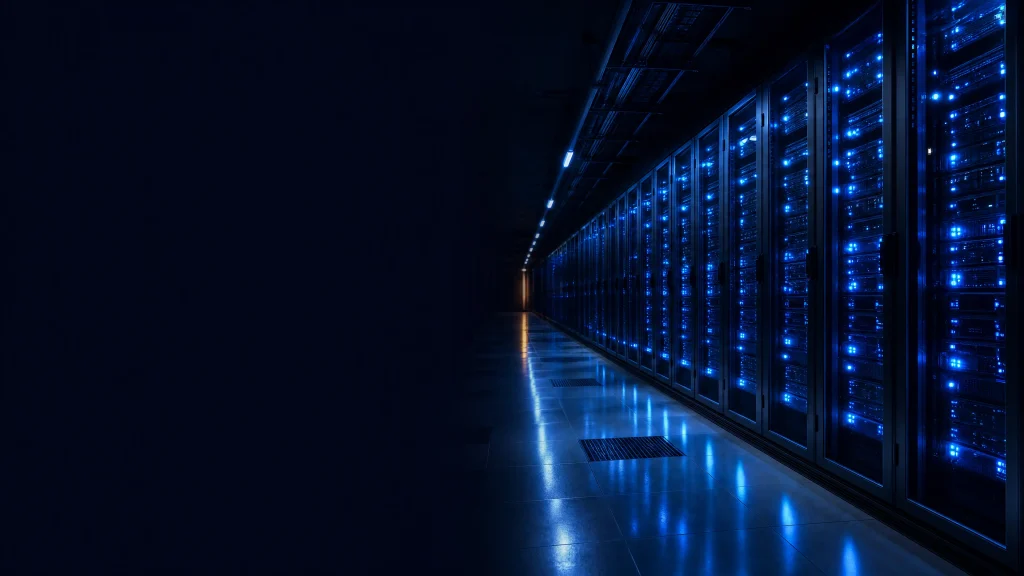 Tier-3 data center aisle with enterprise server racks for financial services private cloud