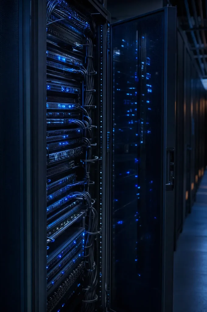 Enterprise server rack with managed cabling in a Tier-3 financial services data center