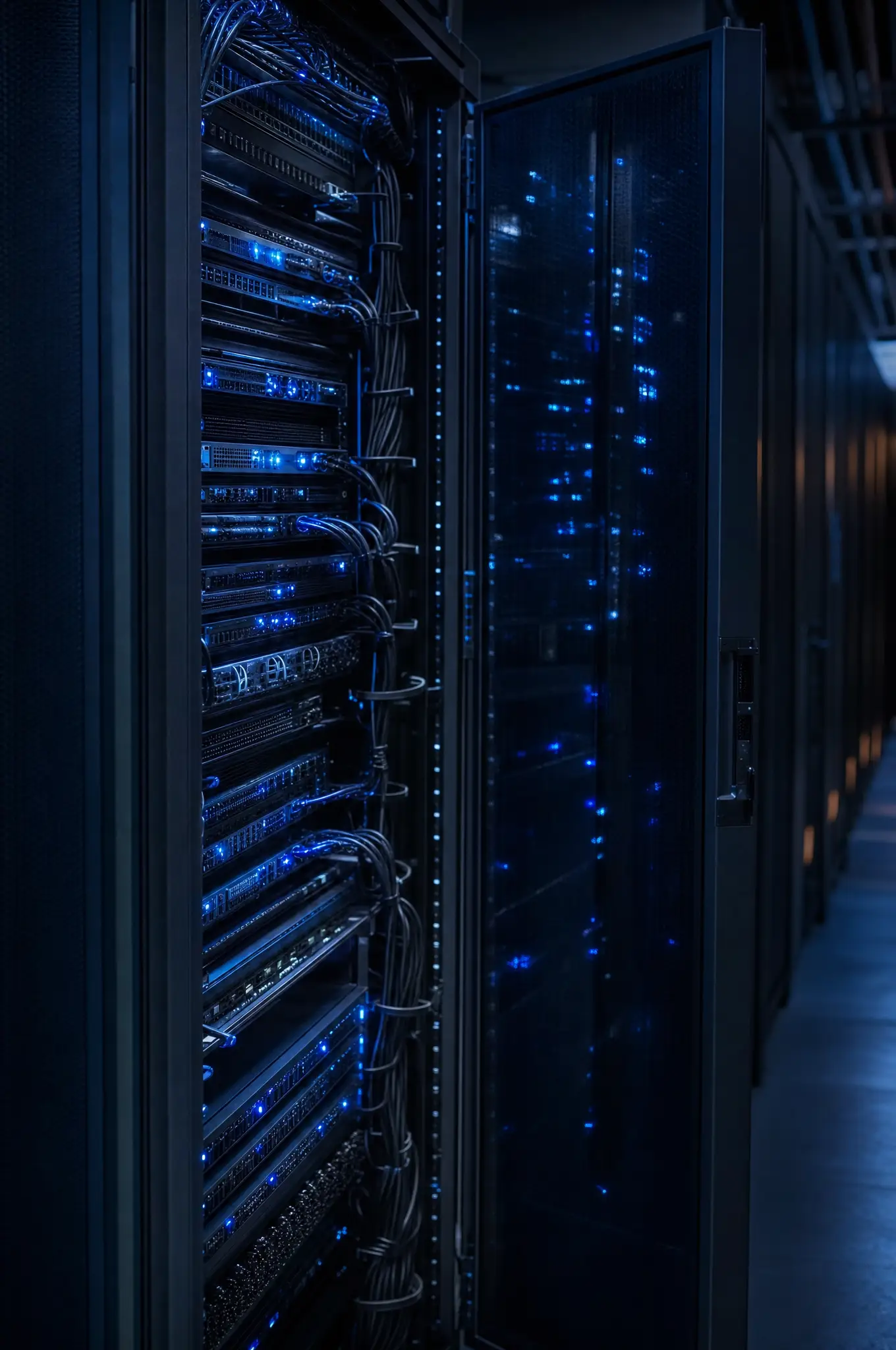 Enterprise server rack with managed cabling in a Tier-3 financial services data center
