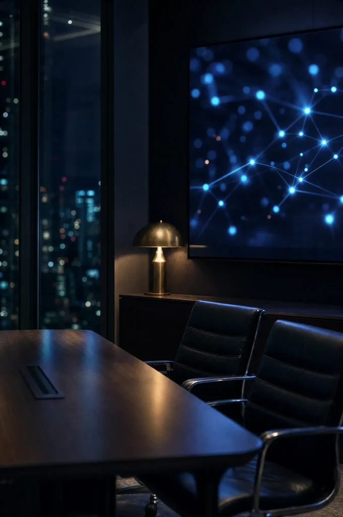 Empty executive boardroom corner with roadmap display and brass lamp for vCIO strategy