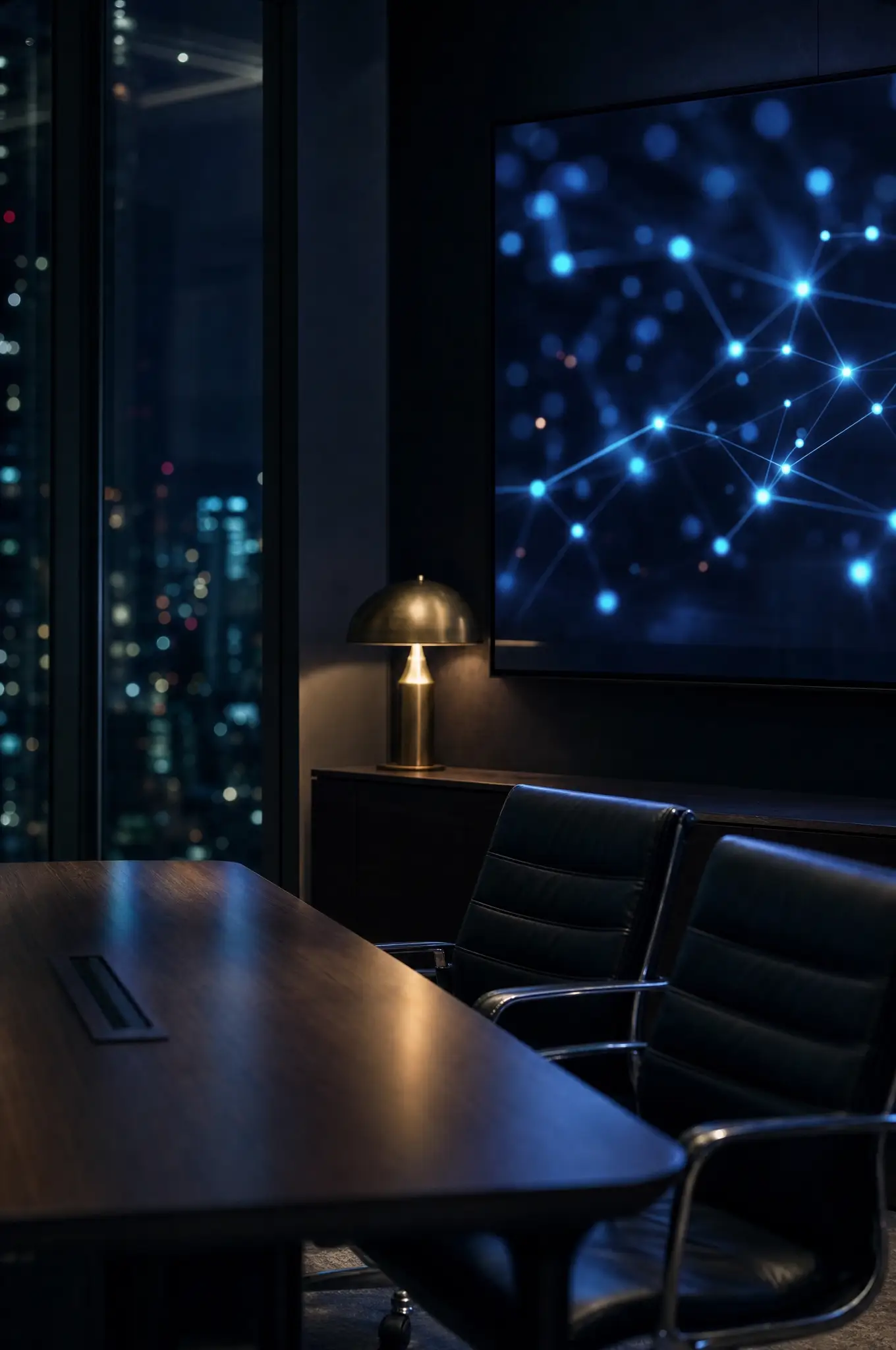 Empty executive boardroom corner with roadmap display and brass lamp for vCIO strategy