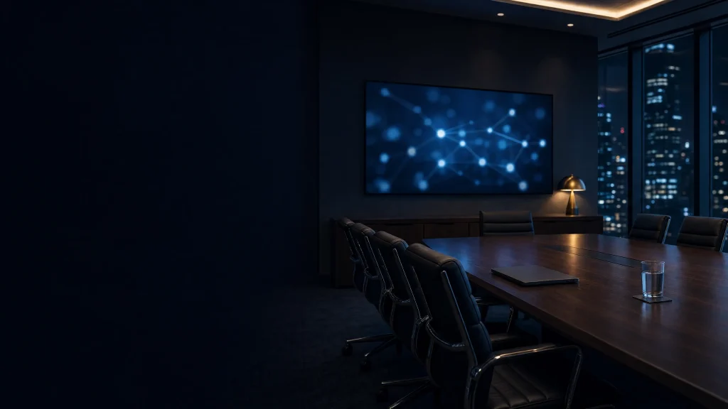 Executive boardroom with technology roadmap display and night skyline for virtual CIO services