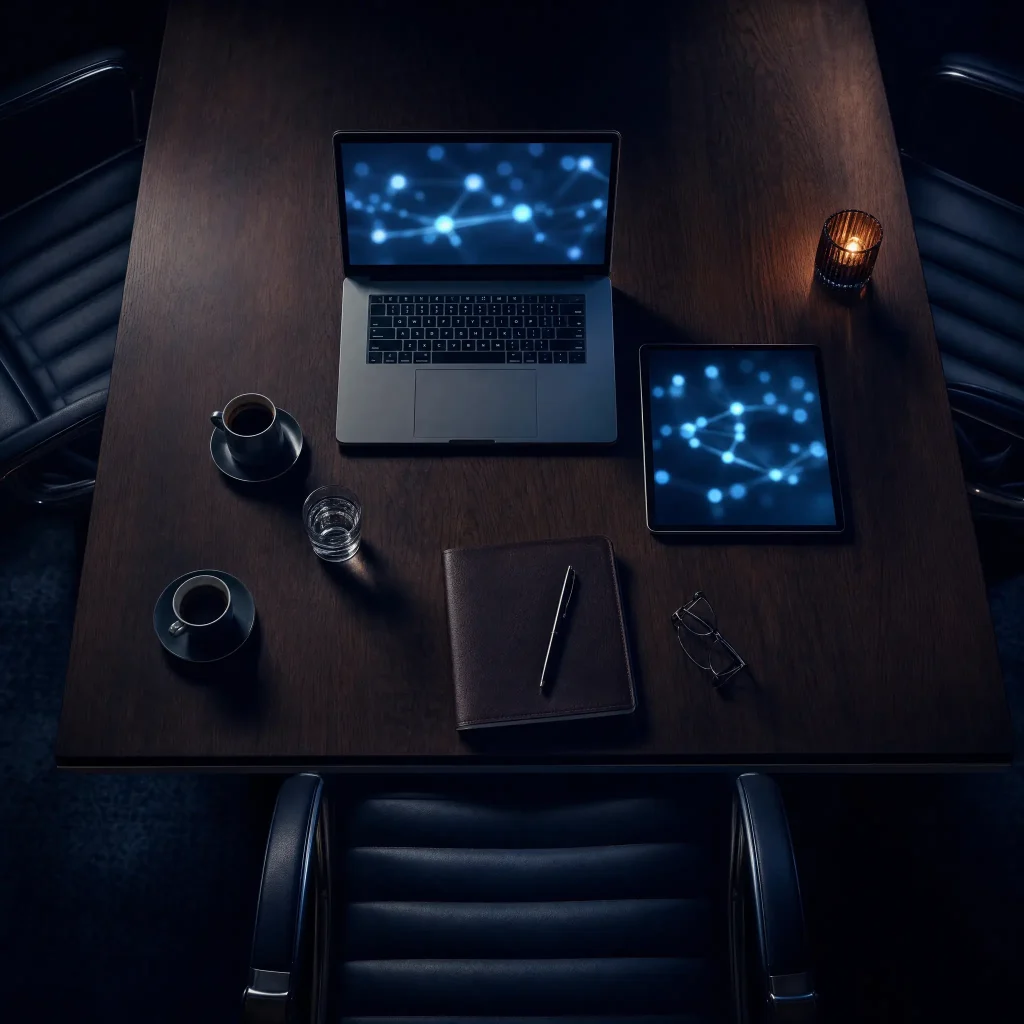 Overhead technology strategy table with laptop, tablet, and planning notebooks